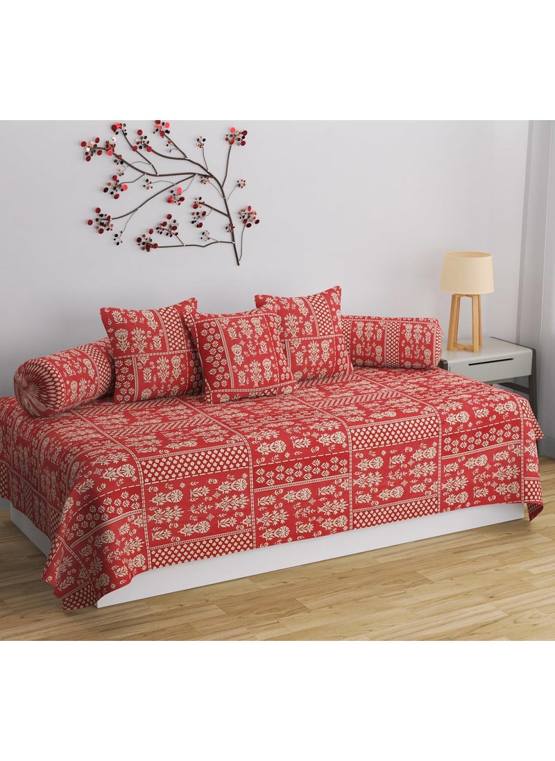 HIDECOR HIDECOR Super Soft Cotton diwan Set for Living Room diwan Set Covers Cotton diwan Set 6 Pieces One Single Bedsheet with 3 Cushion Cover2 Bolster Red  - Image 1