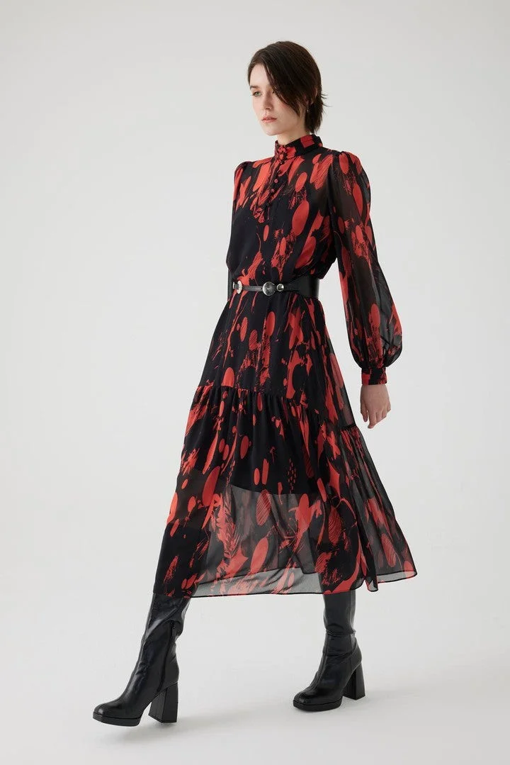 EXQUISE Red Patterned Belted Chiffon Regular Dress
