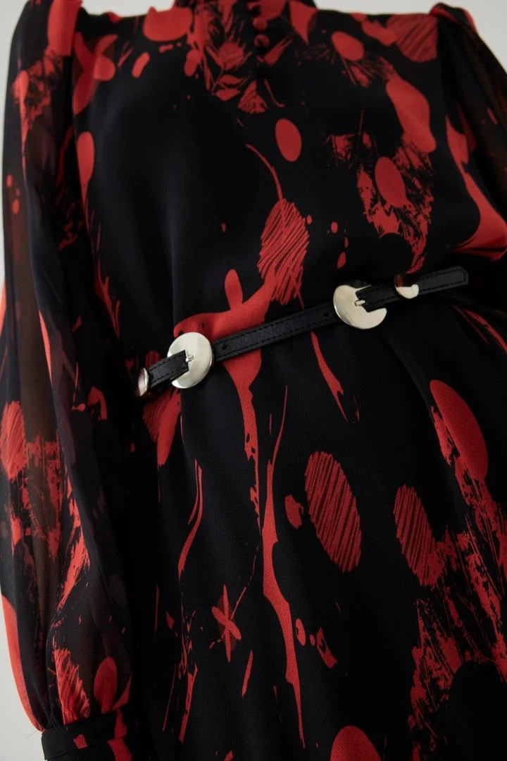 EXQUISE Red Patterned Belted Chiffon Regular Dress