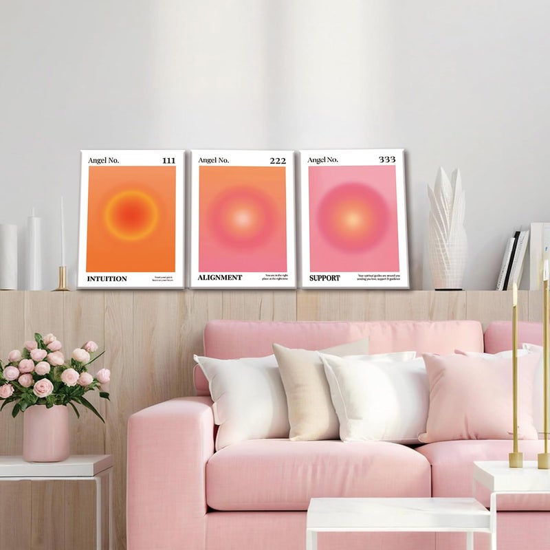 KISSFOX 3 Piece Canvas Wall Art Pink Orange Wall Decor Aura Framed Art Angel Number Pictures Trendy Aesthetic Preppy Paintings For Apartment Dorm Women Girls Bedroom - Image 2