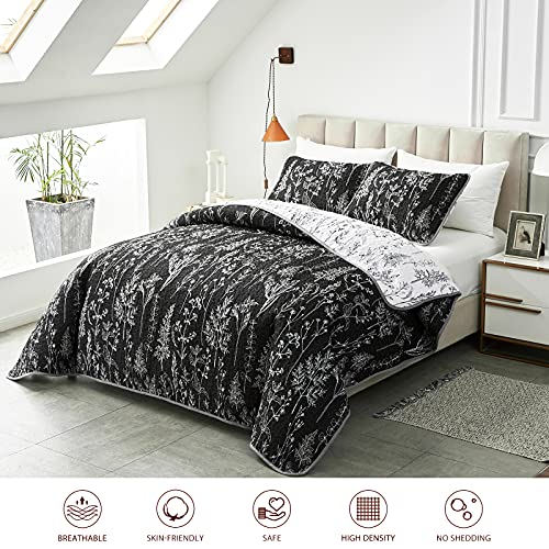 Joyreap 3 Pieces Quilt Set Full/Queen, Black n White Rversible Botanical Design, Smooth Soft Microfiber Quilt, Bedspread Bed Cover for All Season, 1 Quilt and 2 Pillow Shams- 90x90 inches - Image 2