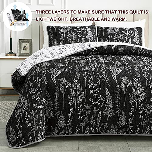 Joyreap 3 Pieces Quilt Set Full/Queen, Black n White Rversible Botanical Design, Smooth Soft Microfiber Quilt, Bedspread Bed Cover for All Season, 1 Quilt and 2 Pillow Shams- 90x90 inches - Image 3