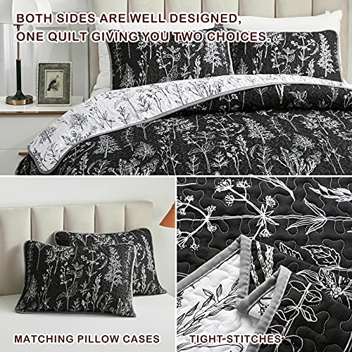 Joyreap 3 Pieces Quilt Set Full/Queen, Black n White Rversible Botanical Design, Smooth Soft Microfiber Quilt, Bedspread Bed Cover for All Season, 1 Quilt and 2 Pillow Shams- 90x90 inches - Image 5