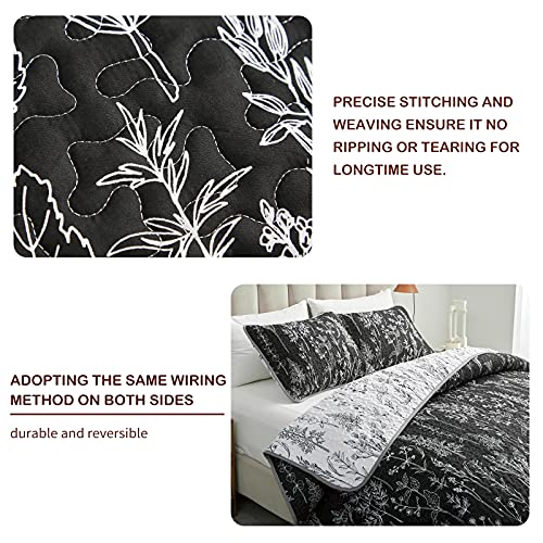 Joyreap 3 Pieces Quilt Set Full/Queen, Black n White Rversible Botanical Design, Smooth Soft Microfiber Quilt, Bedspread Bed Cover for All Season, 1 Quilt and 2 Pillow Shams- 90x90 inches - Image 4