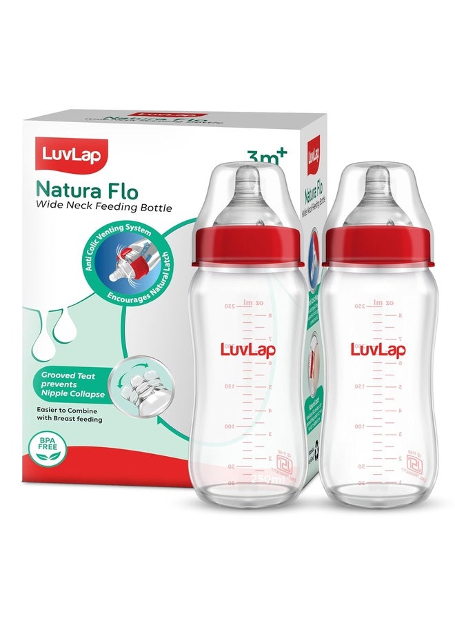 Luvlap Natura Flo Wide Neck Glass Feeding Bottle, New Born/Infants/Toddler Upto 3 Years, BPA Free, Ergonomic Shape is Easy to Hold, with Anti Colic Nipple, Pack of 2, 250ml - Image 1