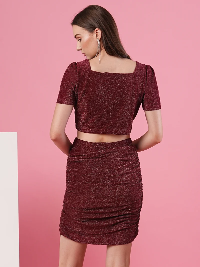 globus Women Maroon Party Co-Ord Set With Square Neck Top & Skirt