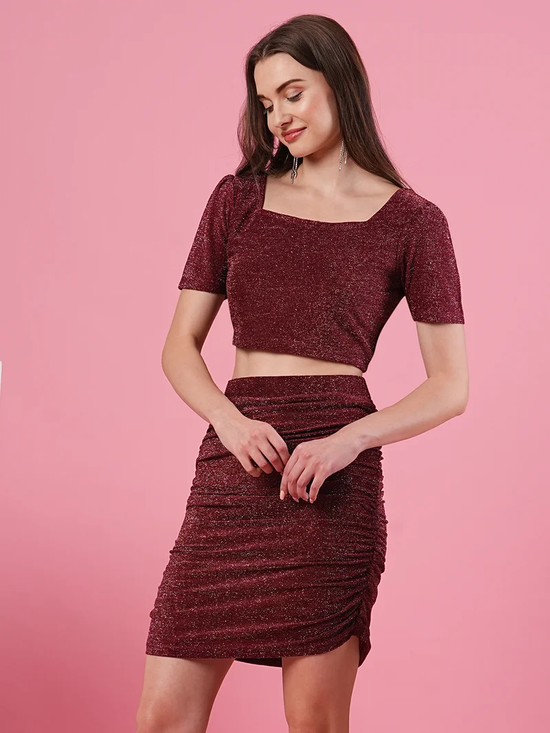 جلو باص Globus Women Maroon Party Co-Ord Set With Square Neck Top & Skirt