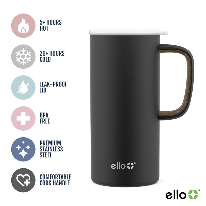 Ello Campy 18oz Stainless Steel Travel Mug with Handle and Leak Proof Lid | Vacuum Insulated Coffee Cup for Hot or Cold Drinks | Reusable, BPA Free | Gift for Coffee Lovers, Matte Black - Image 2