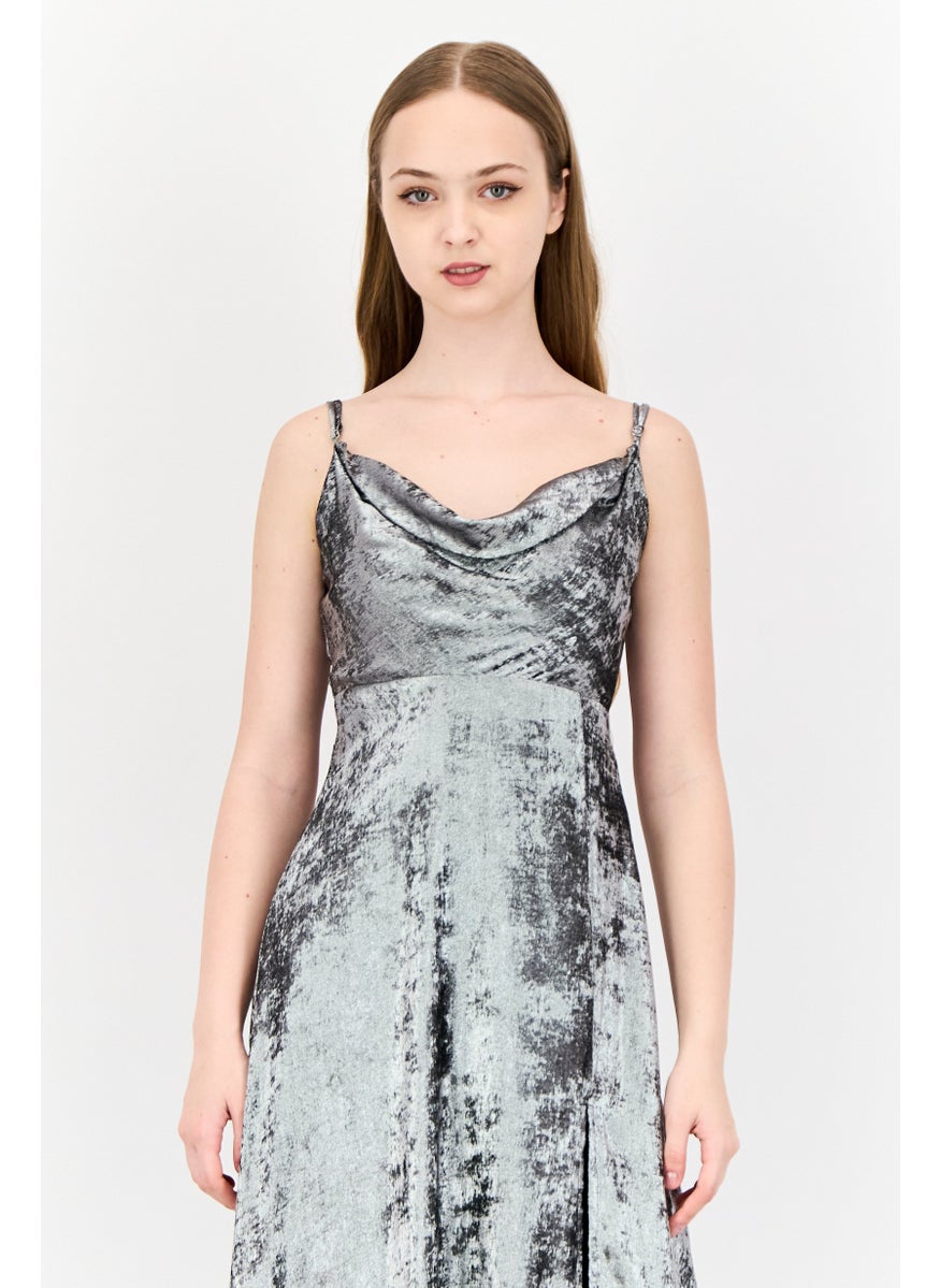 Lulus Women  Metallic Maxi Party Dress, Silver  - Image 3