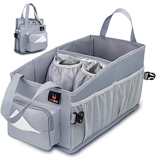 FOXBOX Easy-to-Reach Kids Car Organizer with Tissue Box and Cup Holder for Back Seat, Front Seat, Between Seats, Floor - Tote Car Storage Organization for Toddlers - Kids Road Trip Travel Essentials (Grey) - Image 1