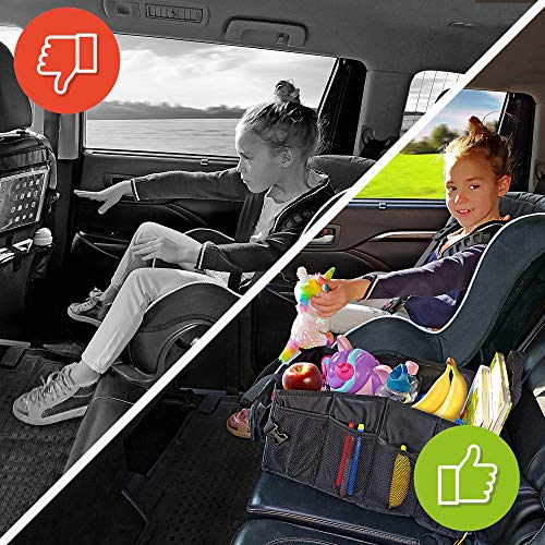 FOXBOX Easy-to-Reach Kids Car Organizer with Tissue Box and Cup Holder for Back Seat, Front Seat, Between Seats, Floor - Tote Car Storage Organization for Toddlers - Kids Road Trip Travel Essentials (Grey) - Image 5