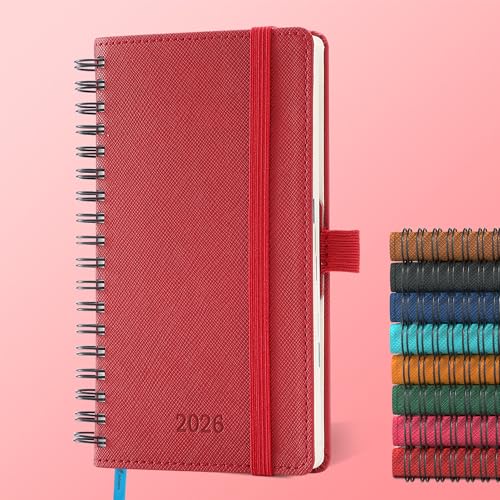 IN-LUXPRO Planner 2026 Daily Weekly and Monthly,6.5"x3.75",12 Months Spiral Bound Calendar Agenda with Self-adhesive Pen Holder,2026 Appointment Book with Vegan Leather Soft Cover,Red - Image 1