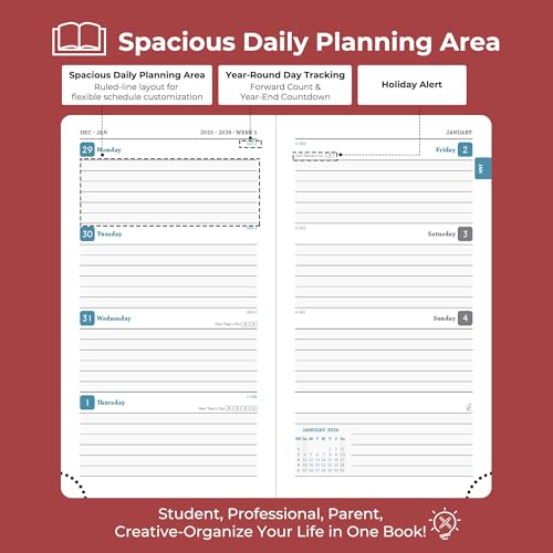 IN-LUXPRO Planner 2026 Daily Weekly and Monthly,6.5"x3.75",12 Months Spiral Bound Calendar Agenda with Self-adhesive Pen Holder,2026 Appointment Book with Vegan Leather Soft Cover,Red - Image 3