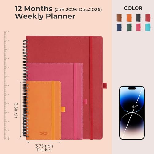 IN-LUXPRO Planner 2026 Daily Weekly and Monthly,6.5"x3.75",12 Months Spiral Bound Calendar Agenda with Self-adhesive Pen Holder,2026 Appointment Book with Vegan Leather Soft Cover,Red - Image 2