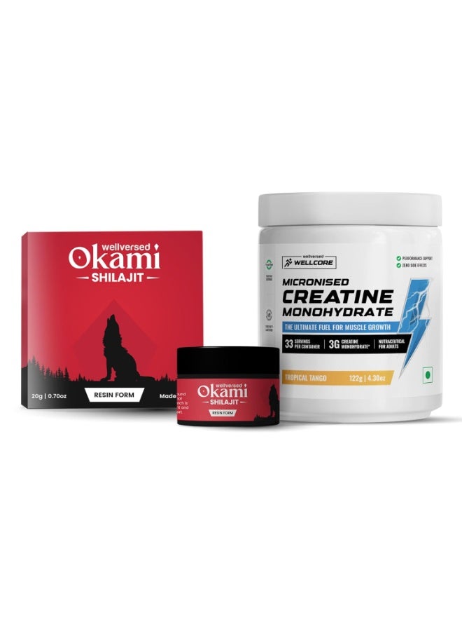 حسنًاجوهر كرياتين ويلكور (33 حصة، نكهة تانجو استوائية) + راتنج أوكامي شيلاجيت (20 غرام) | معزز للقوة والقدرة على التحمل | مُختَبَر معمليًا | للرجال والنساء - Image 1