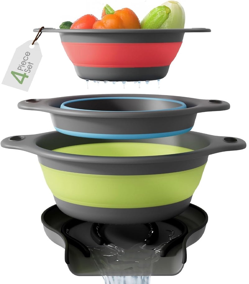Gevoli Collapsible Colanders with Self-Draining Base for Edge of Sink, Food Strainers (Small/Med/Large), Nested Design for Easy Storage (Red, Blue, Green) (4PC Set) - Image 1