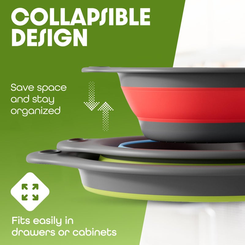 Gevoli Collapsible Colanders with Self-Draining Base for Edge of Sink, Food Strainers (Small/Med/Large), Nested Design for Easy Storage (Red, Blue, Green) (4PC Set) - Image 4