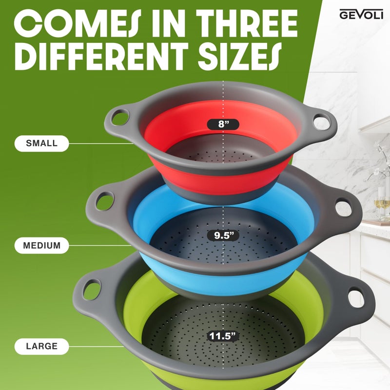 Gevoli Collapsible Colanders with Self-Draining Base for Edge of Sink, Food Strainers (Small/Med/Large), Nested Design for Easy Storage (Red, Blue, Green) (4PC Set) - Image 3