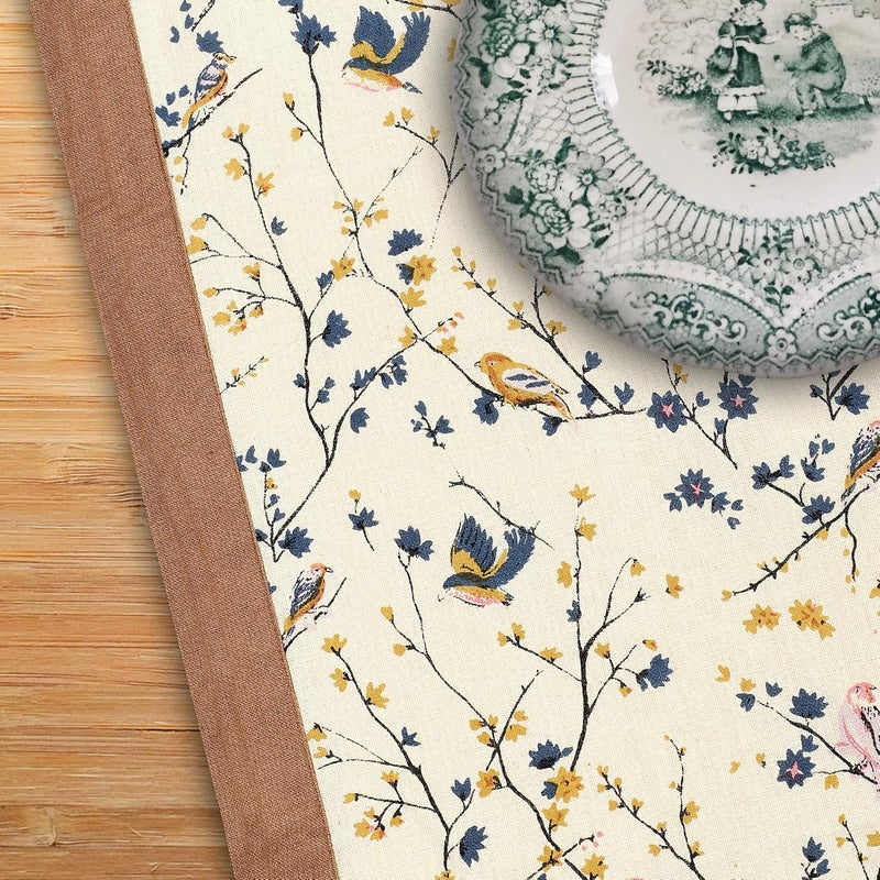 Dekor World 13 Pieces Mini Bird Printed Beige Table Runner with Place Mat and Napkin (33x120cm/33x47cm/45x45cm)-4 Seater Dinning & Center Table - Image 4