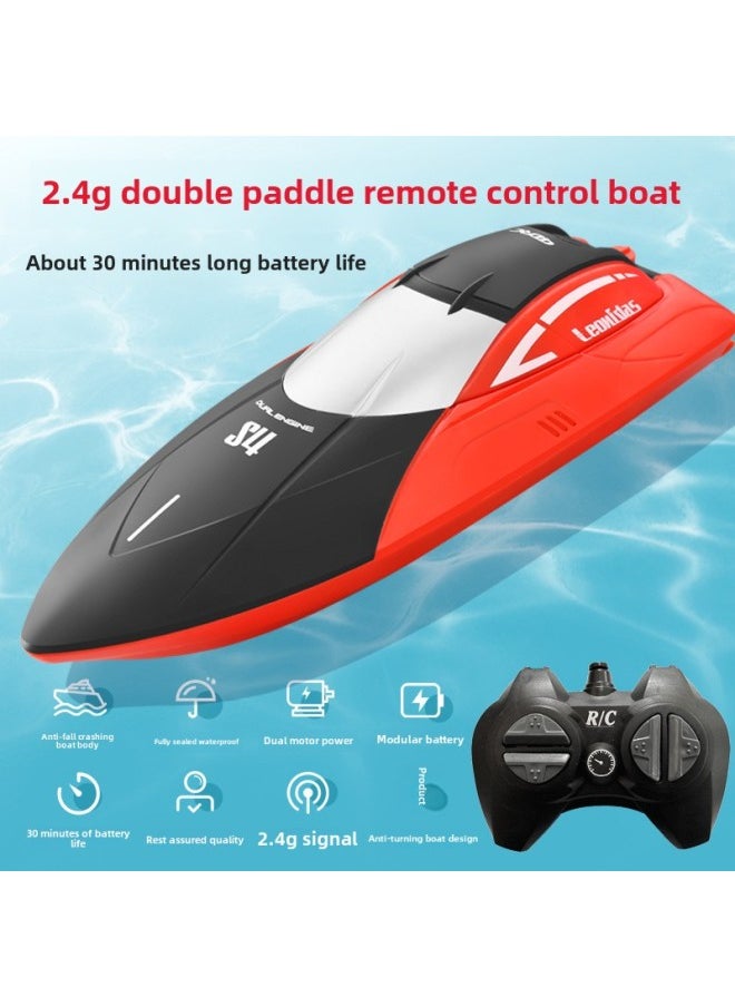 Remote Control Boat High Speed Remote Control Speedboat Electric Boy Gift Children Water Toy Boat Model Water, Land And Air Three In One-Color:Red❥Remote Control Boat-double Paddle Speedboat-Specifications:Dual Batteries  - Image 1