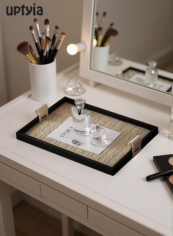 Uptyia Rectangle Serving Tray Decor Platter, Elegant and Luxurious Jewelry Entrance Storage Plate, Luxury Wooden Tray With Leather Texture Candle Holder for Home, Living Room, Bathroom, Best Housewarming/Gift , Decorative Accessory (Beige) - Image 1