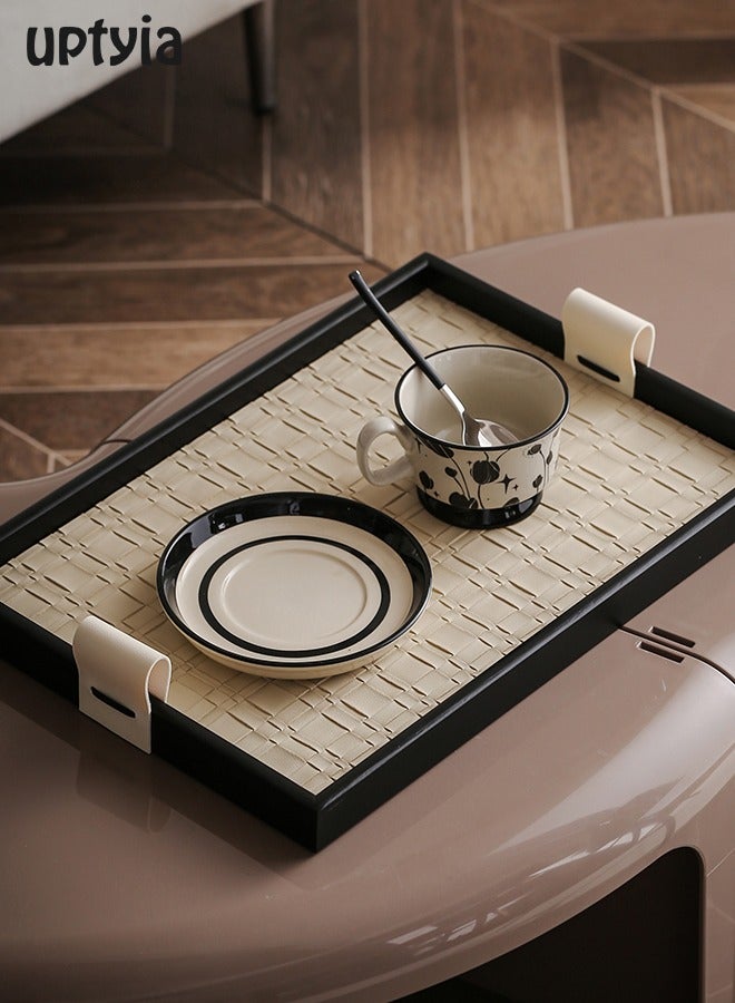 Uptyia Rectangle Serving Tray Decor Platter, Elegant and Luxurious Jewelry Entrance Storage Plate, Luxury Wooden Tray With Leather Texture Candle Holder for Home, Living Room, Bathroom, Best Housewarming/Gift , Decorative Accessory (Beige) - Image 2