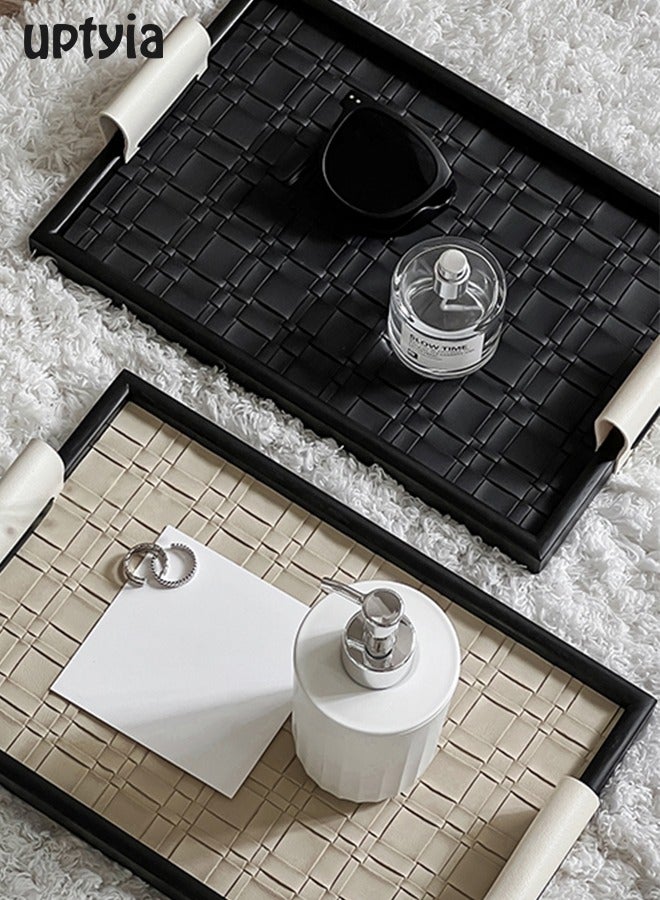 Uptyia Rectangle Serving Tray Decor Platter, Elegant and Luxurious Jewelry Entrance Storage Plate, Luxury Wooden Tray With Leather Texture Candle Holder for Home, Living Room, Bathroom, Best Housewarming/Gift , Decorative Accessory (Beige) - Image 5