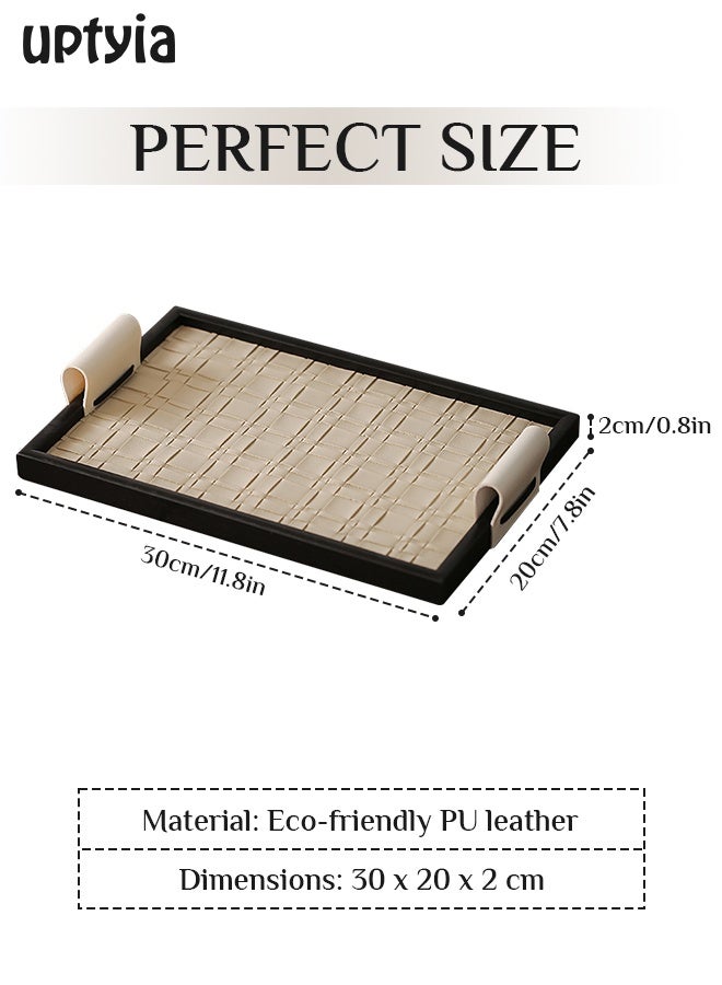 Uptyia Rectangle Serving Tray Decor Platter, Elegant and Luxurious Jewelry Entrance Storage Plate, Luxury Wooden Tray With Leather Texture Candle Holder for Home, Living Room, Bathroom, Best Housewarming/Gift , Decorative Accessory (Beige) - Image 3
