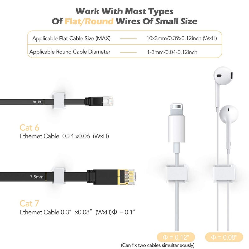 AGPTEK Ethernet Cable Clips, 60 PCS Adhesive Wire Clips, Flat Cord Clips Small Cable Holder Management for Home Wall Flat Ethernet Network Cord Organizer, Decoration Fairy Light Sticky Hooks, White - Image 4