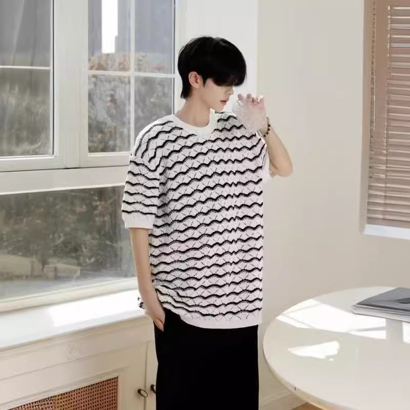Knitted Round Neck Short-Sleeved T-Shirt Men'S Black And White Striped T-Shirt Duffian Handsome All-Match Casual Trendy Top - Image 1