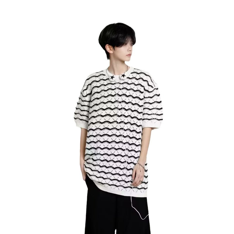 Knitted Round Neck Short-Sleeved T-Shirt Men'S Black And White Striped T-Shirt Duffian Handsome All-Match Casual Trendy Top - Image 3