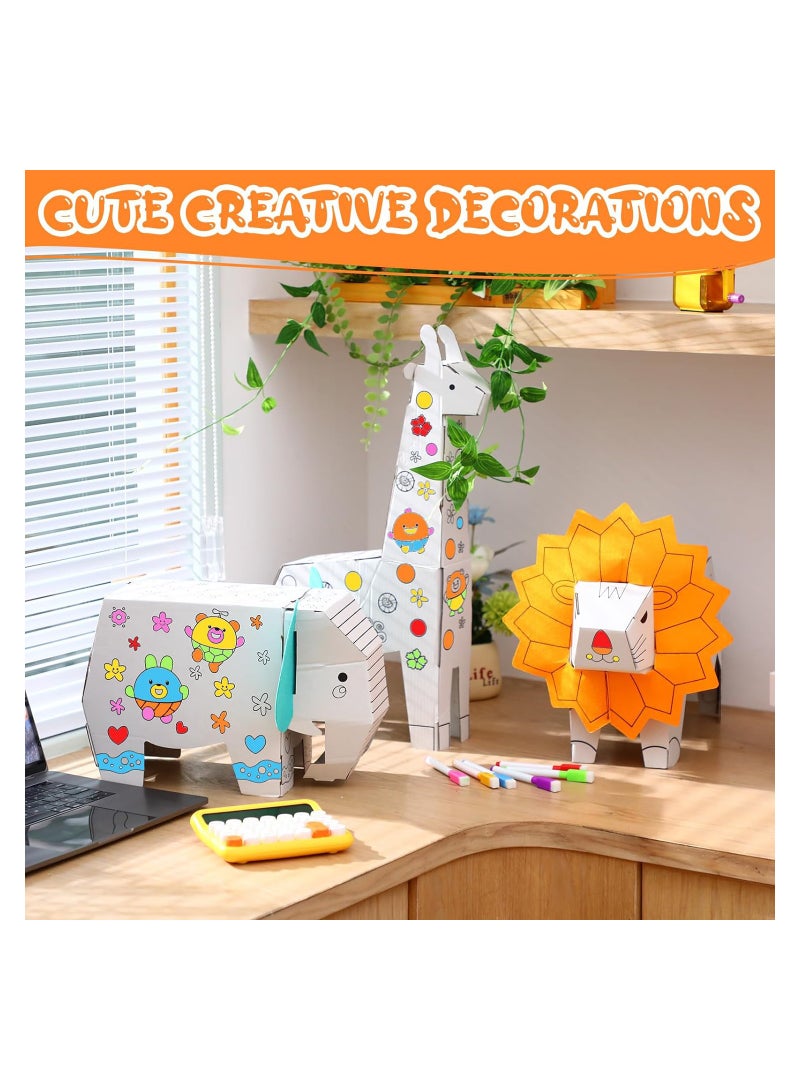 Excefore 3 Sets Kids Animals Arts and Crafts, 3 Style 3D Animal Paper Craft for Kids to Color with 18 Colored Pens Elephant Giraffe Lion Cardboard Animals Model for DIY Doodle Color Draw Decorate Splicing - Image 2