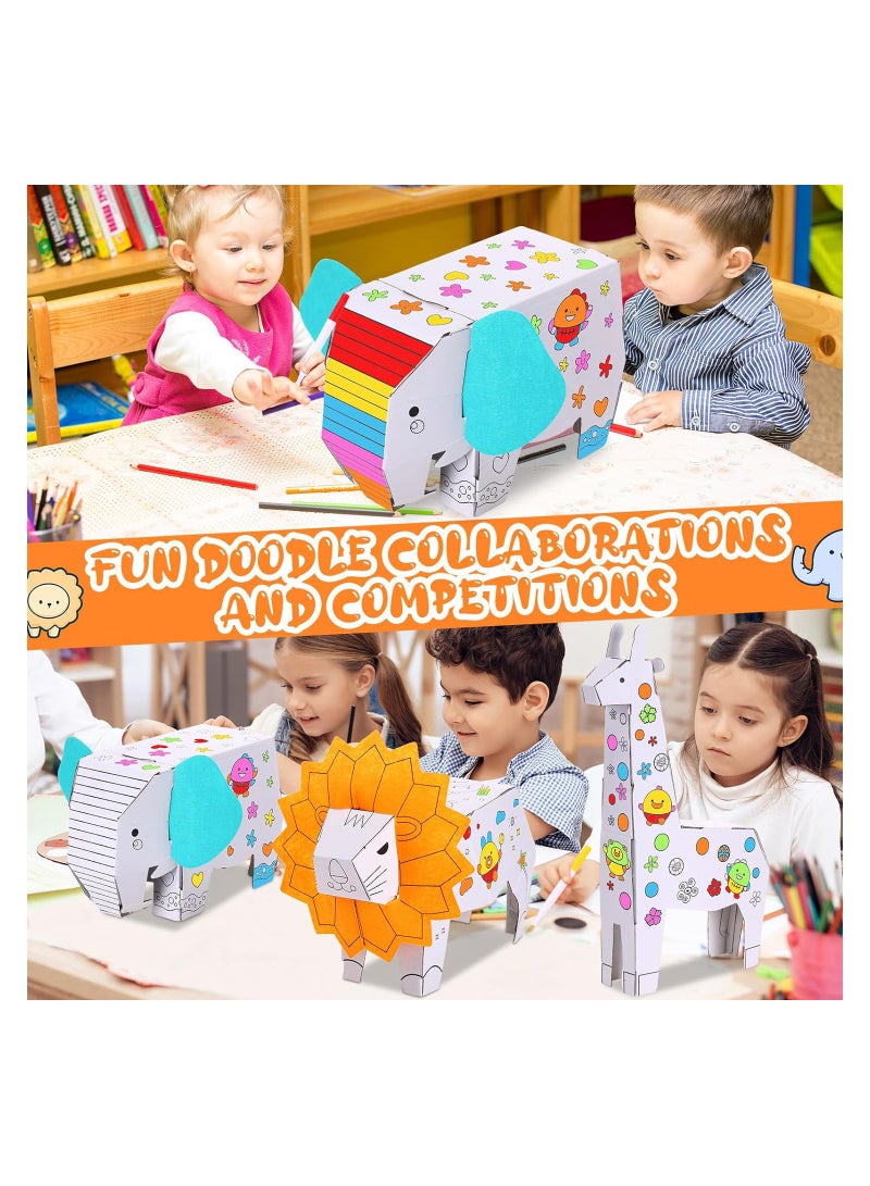 Excefore 3 Sets Kids Animals Arts and Crafts, 3 Style 3D Animal Paper Craft for Kids to Color with 18 Colored Pens Elephant Giraffe Lion Cardboard Animals Model for DIY Doodle Color Draw Decorate Splicing - Image 4