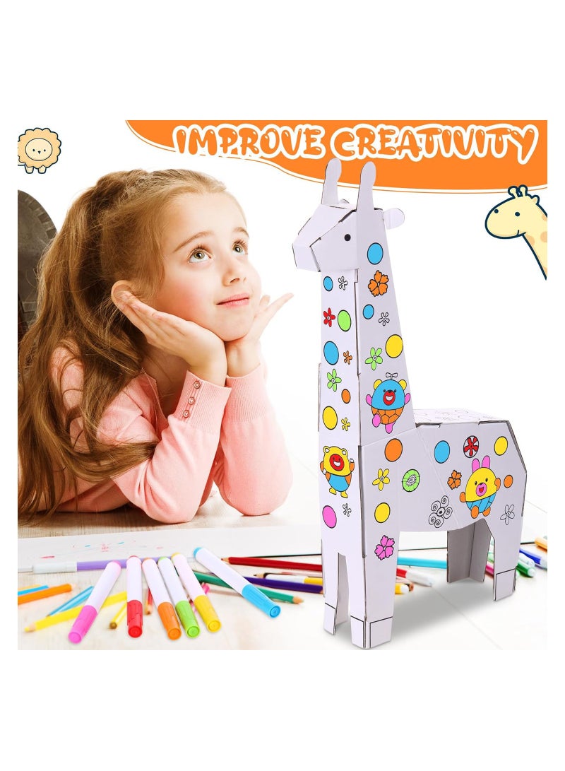 Excefore 3 Sets Kids Animals Arts and Crafts, 3 Style 3D Animal Paper Craft for Kids to Color with 18 Colored Pens Elephant Giraffe Lion Cardboard Animals Model for DIY Doodle Color Draw Decorate Splicing - Image 3