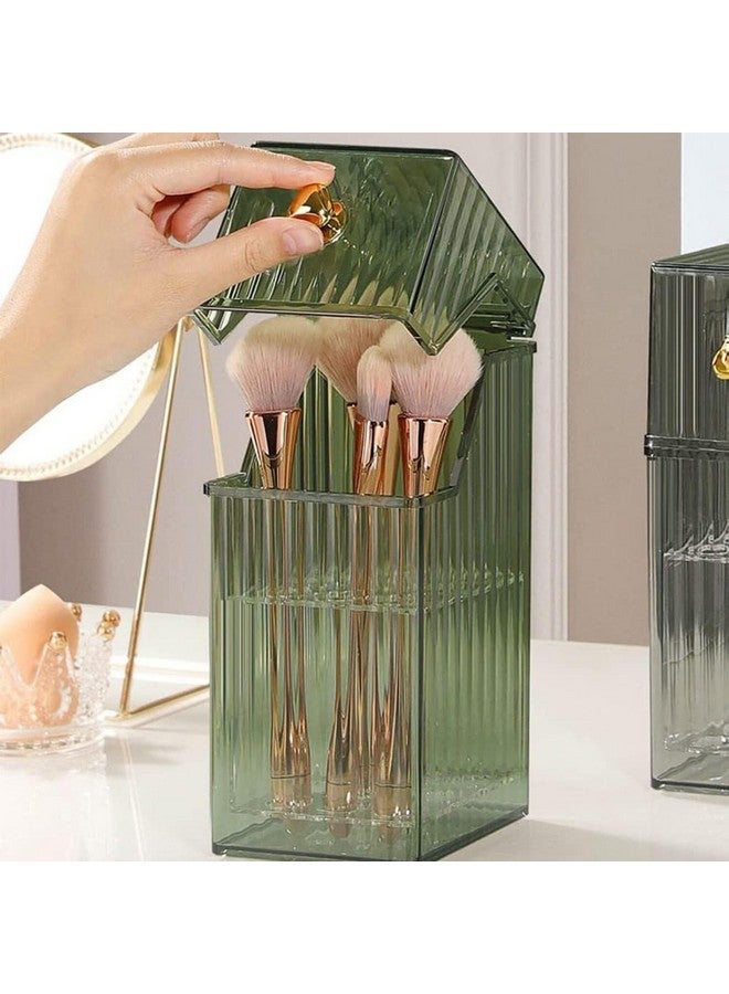 Soko Soko Acrylic Makeup Brush Holder with Lid, Clear Cosmetic Storage Organizer, Eyebrow Pen/Kajal Kit, Dustproof Vanity Box Stand for Dressing Tables, Bathroom - GlamGuard (Green)  - Image 1