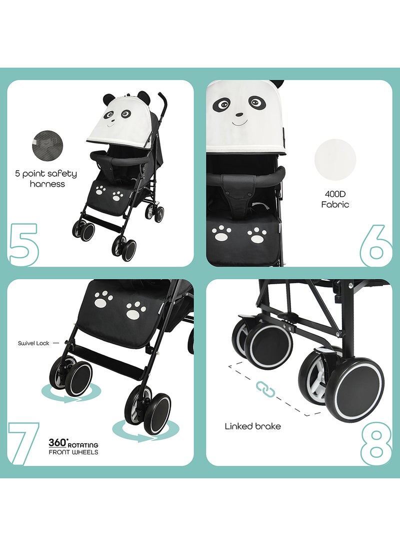 Moon Safari Animal-Themed Umbrella Stroller – Compact, Reclining Seat, Storage Basket, Shoulder Strap, Lightweight, Suitable 0m+ to 18kg – Panda - Image 3
