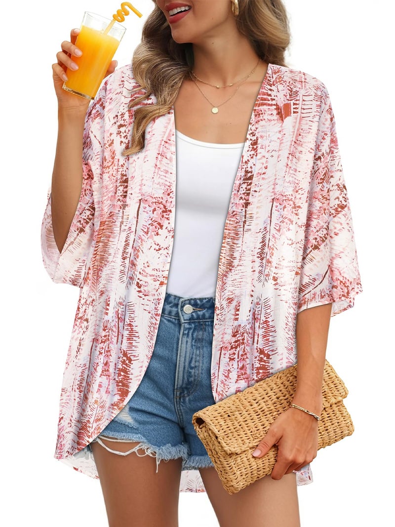 JILUVIN Womens Kimono Cardigans Beach Cover ups Swimwear Puff Sleeve Loose Casual Summer Tops 2026 (Pink White Stripes,L) - Image 1