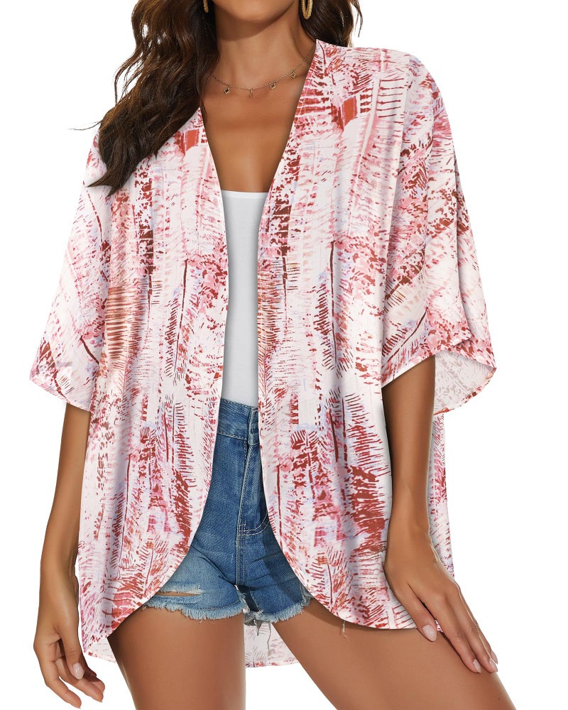 JILUVIN Womens Kimono Cardigans Beach Cover ups Swimwear Puff Sleeve Loose Casual Summer Tops 2026 (Pink White Stripes,L) - Image 2