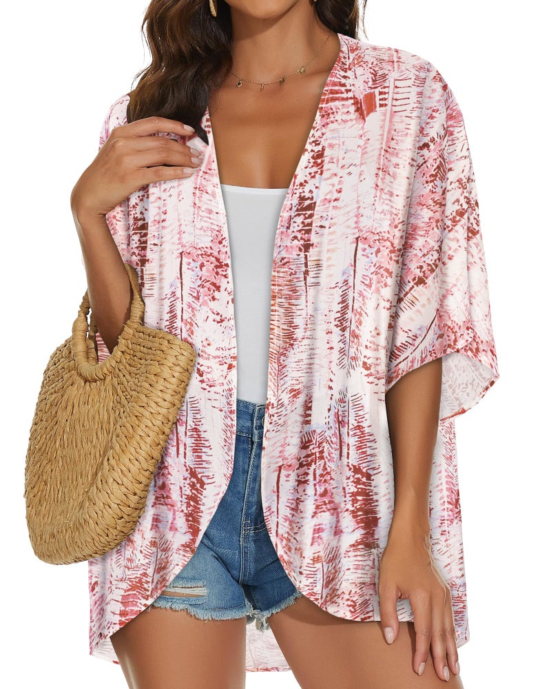 JILUVIN Womens Kimono Cardigans Beach Cover ups Swimwear Puff Sleeve Loose Casual Summer Tops 2026 (Pink White Stripes,L) - Image 3