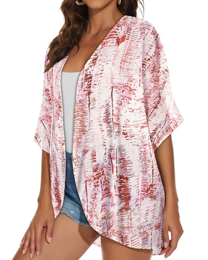 JILUVIN Womens Kimono Cardigans Beach Cover ups Swimwear Puff Sleeve Loose Casual Summer Tops 2026 (Pink White Stripes,L) - Image 4