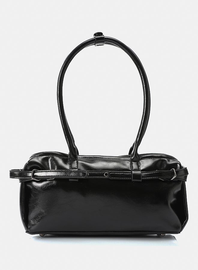DejaVu Black Bowler Shiny Solid Plain Shoulder Bag - Image 3