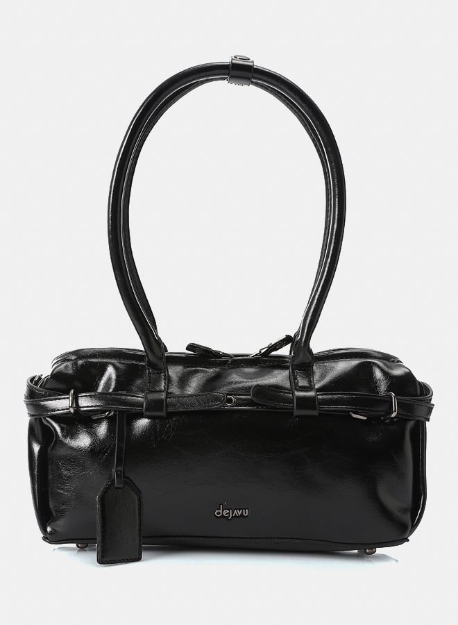 DejaVu Black Bowler Shiny Solid Plain Shoulder Bag - Image 1