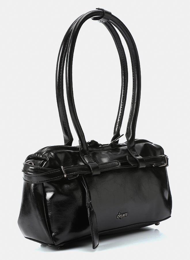 DejaVu Black Bowler Shiny Solid Plain Shoulder Bag - Image 2