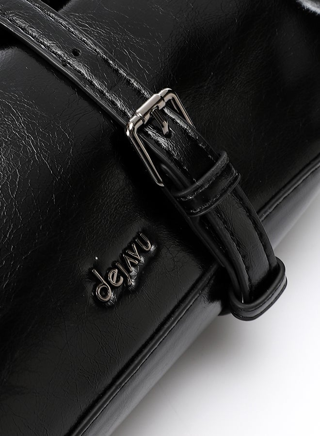DejaVu Black Bowler Shiny Solid Plain Shoulder Bag - Image 4