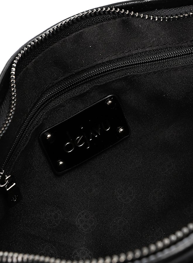 DejaVu Black Bowler Shiny Solid Plain Shoulder Bag - Image 5
