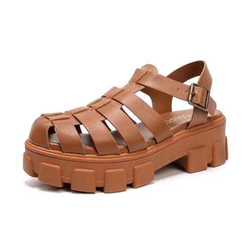 Colgo Womens Platform Wedge Sandals Chunky Block Heeled Adjustable Buckle Fisherman Sandals for Summer(Brown, 9) - Image 1