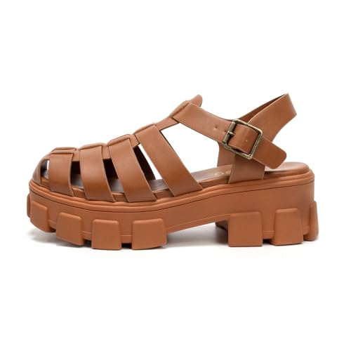 Colgo Womens Platform Wedge Sandals Chunky Block Heeled Adjustable Buckle Fisherman Sandals for Summer(Brown, 9) - Image 3