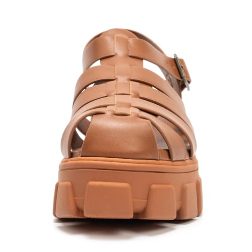 Colgo Womens Platform Wedge Sandals Chunky Block Heeled Adjustable Buckle Fisherman Sandals for Summer(Brown, 9) - Image 5