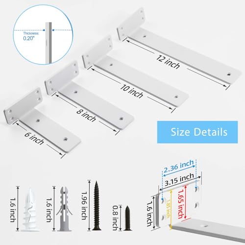 WEKIS Shelf Brackets, Heavy Duty Floating Shelf Brackets 8-Inch Long, 6-Pack Brackets for Shelves, Matte White L Hidden Metal Wall Shelf Support Shelving Brackets, 1/5-Inch Thick 160 lb. Load Capacity - Image 2