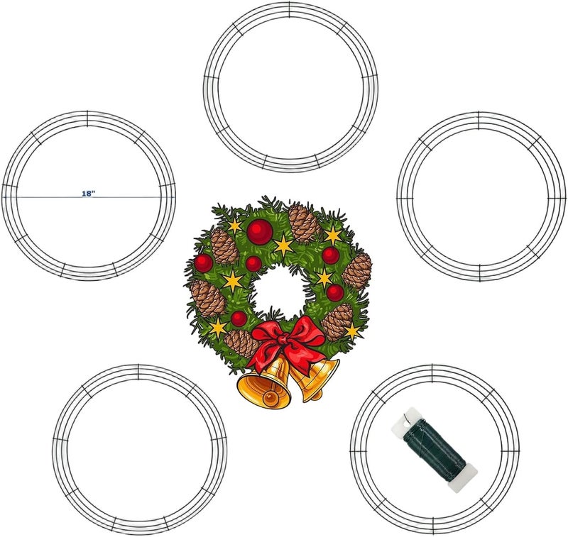MTB Garden 18 Inch Christmas Green Wire Wreath Frame,5 Pack Metal Front Door Wreath Round Form Iron Ring for Christmas, New Year Decors, Crafts, DIY, Holidays, Events - Image 1